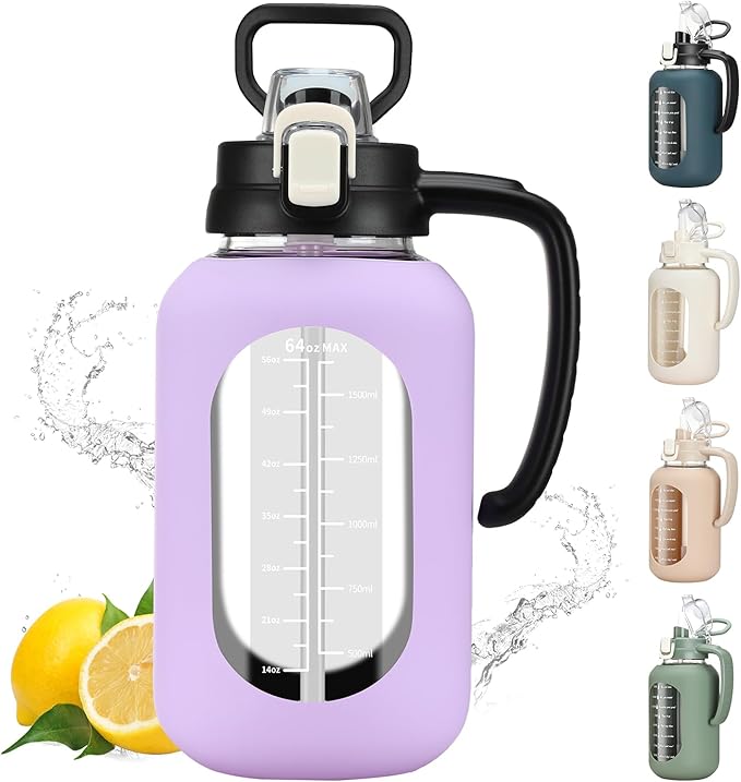 64 oz Glass Water Bolttles Half Gallon Large Motivational Water Bottle with Time Marker Sports Water Bottles with Silicone Sleeve and Handle Lid Water Jug for Gym Workout-1 Pack