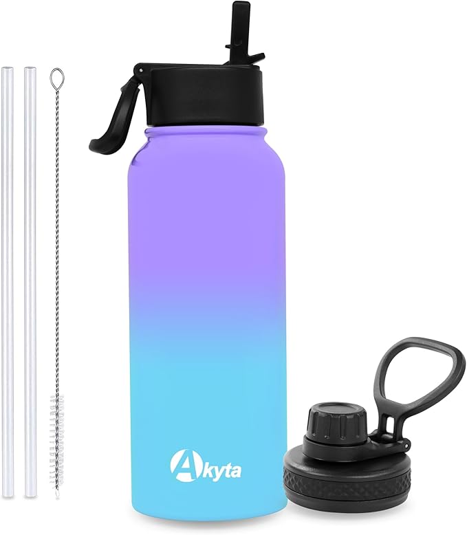 32 OZ Water Bottle, Sports Water Bottle with Straw Lid, Vacuum-Insulated Stainless-Steel, Keep Water Cold/Hot, Double-walled Metal Thermos Water Bottles (32 OZ, Purple Blue)