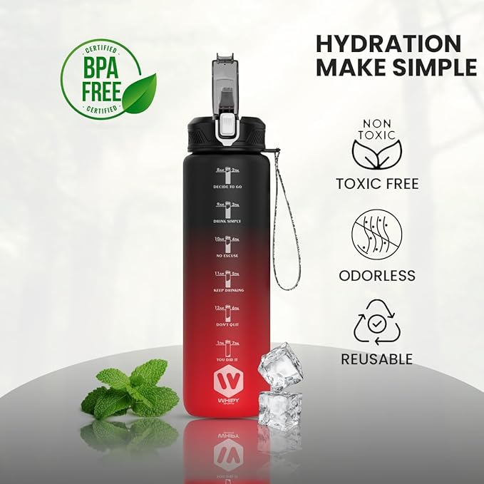 1L Water Bottle with Straw - Leak-Proof & BPA Free Reusable Sports Bottle - Motivational Time Markings for Hydration Durable Drink Bottle for Gym, Sports, Outdoor (Black and Red)