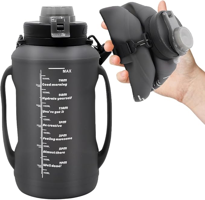 64oz Foldable Silicone Water Cups with Straw, BPA Free, for Outdoor Sports Water Bottle (Black)