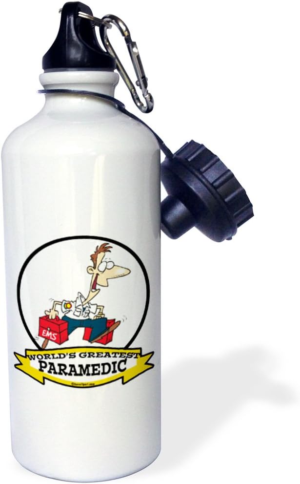 3dRose Funny Worlds Greatest Paramedic Occupation Job Cartoon Sports Water Bottle, 21 oz, White