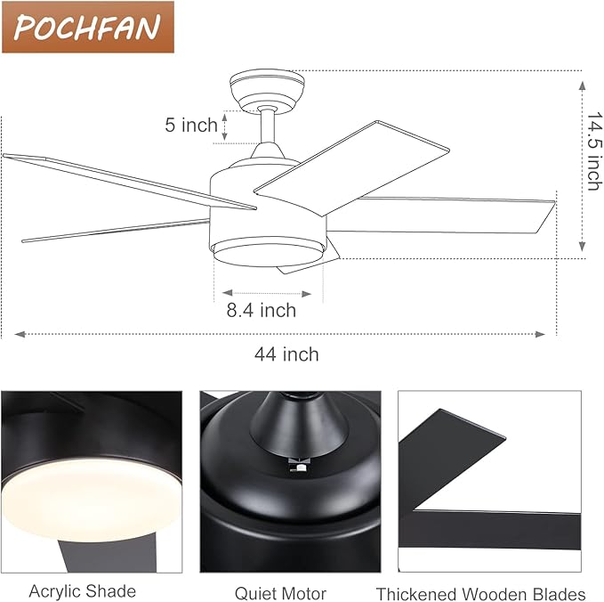44 inch Black Ceiling Fan with Light Remote Control, LED Ceiling Fans with Lights, 3-Colors Temperatures Dimmable, Modern Ceiling Fan for Bedroom, Dining Room, Living Room