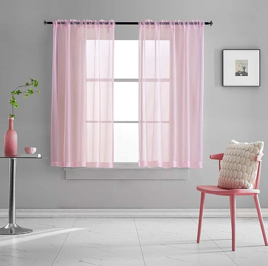 Baby Pink Sheer Pink Voile Curtains Short Translucent Solid Color 45 Inch Length Rod Pocket Baby Pink Sheers 45 Inches Long for Small Windows Bedroom Living Room Kitchen 2 Panels 52x45
