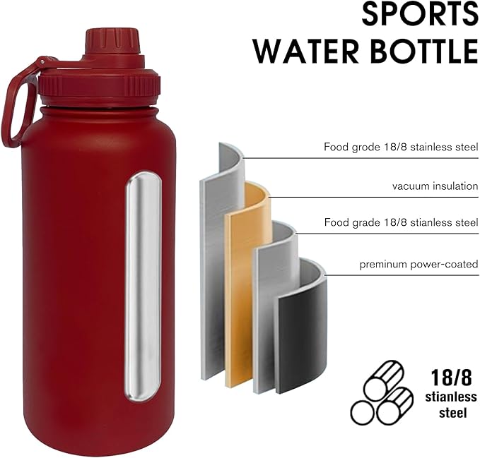 32oz Insulated Water Bottle ，Stainless Steel Sports Water Cup Flask with 2 Lids, Wide Mouth Travel Thermal Mug,Outdoor Sports Bottle（Deep red）