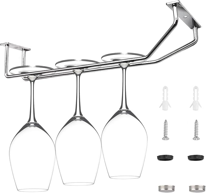 10.8 Inch Wine Glass Rack, Under Cabinet Wine Glass Holder, Wine Glass Hangers Under Shelf, Chrome Finish Stemware Rack, Hanging Stemware Holder for Cabinet Kitchen Bar, Set of 4