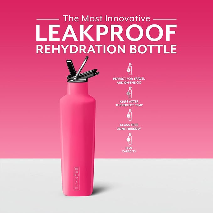 BrüMate ReHydration Mini Kids Water Bottle | 100% Leakproof Insulated Water Bottle for Kids with Straw | Stainless Steel Water Canteen | Perfect Kids Water Bottle for School | 16oz (Neon Pink)