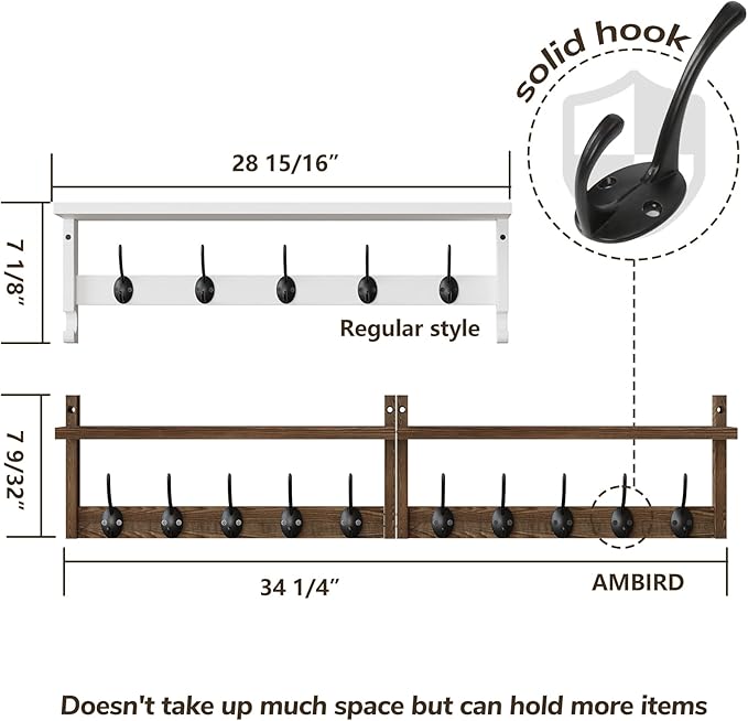 AMBIRD 34.2 inch Wooden Extra-Long Wall Hook Rack with Shelf - Versatile and Decorative Wall-Mounted Storage - 10 Hooks for Hanging Coats, Hats, Scarves - Ideal for Entryways, Bedrooms, Closets
