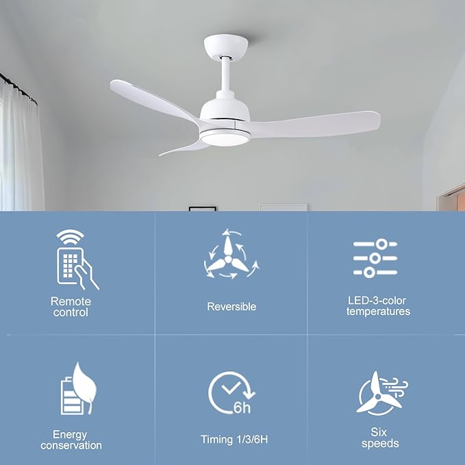 42-Inch White Ceiling Fan with Light - Remote Control, 3 Color Changing, Dimmable, Reverse Rotation - Quiet, 6 Speeds - Ideal for Living Room, Bedroom, Balcony