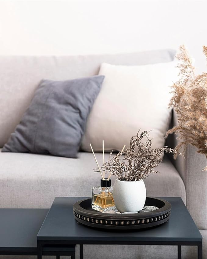 12 Inches Rustic Wooden Decorative Tray, Small Round Beaded Wood Tray for Kitchen Dinning Table Centerpiece Decor Entryway Living Room Home Decor, Black