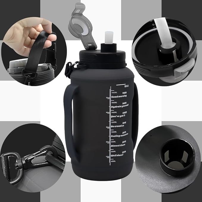 64oz Foldable Silicone Water Cups with Straw, BPA Free, for Outdoor Sports Water Bottle (Black)