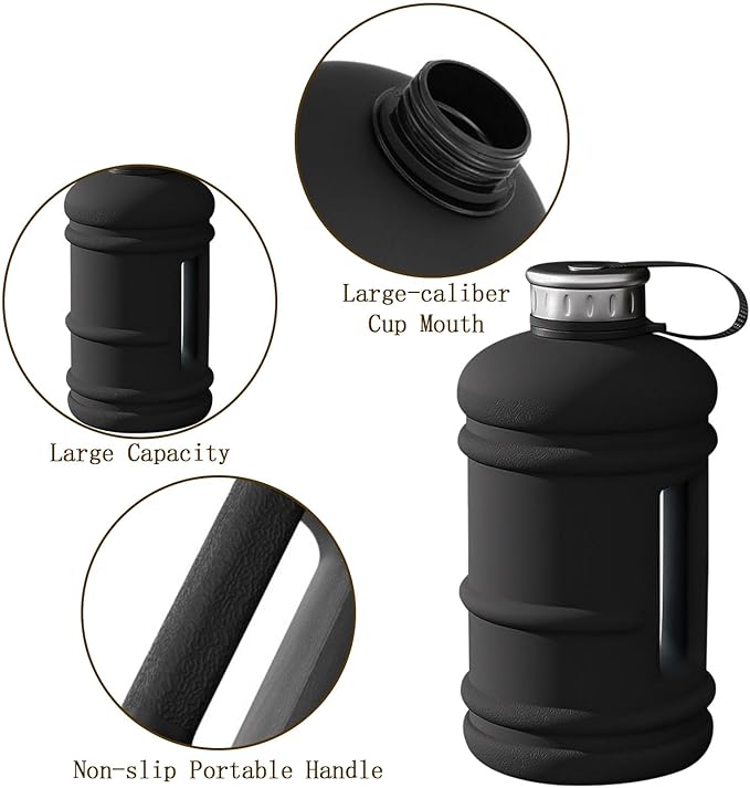 2.2L Half Gallon Water Bottle, 73 OZ Large Water Jug BPA Free PETG Plastic Reusable Drink Container with Handle, Wide Mouth Leak proof Big Sports Jug for Gym Fitness Hiking Outdoor (Black)
