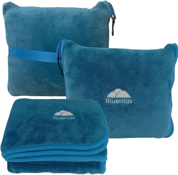 BlueHills Premium Soft Travel Blanket Pillow Airplane Blanket in Soft Bag case with Hand Luggage Belt and Carabiner Compact Pack Large Cozy Blanket for Plane Car Train Teal Blue T022