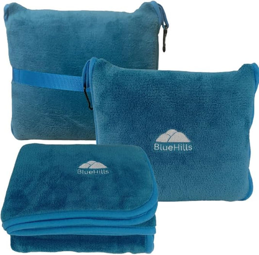 BlueHills Premium Soft Travel Blanket Pillow Airplane Blanket in Soft Bag case with Hand Luggage Belt and Carabiner Compact Pack Large Cozy Blanket for Plane Car Train Teal Blue T022