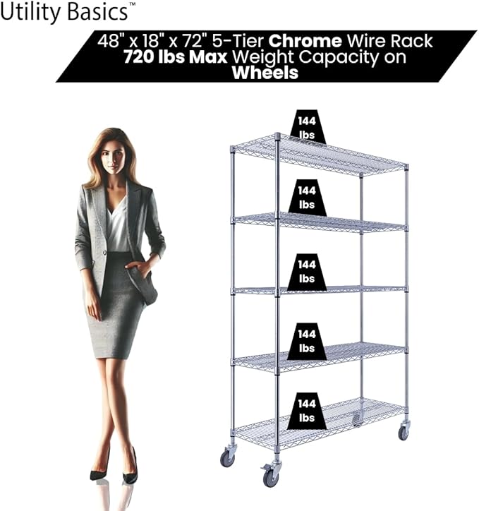 48"x18"x72" Chrome 5-Tier PREMIUM Wire Shelving NSF 4000 LBS MAX CAPACITY Heavy Duty Steel Storage Rack for Warehouses, Garages, Hospitals, Commercial Spaces, & Schools w/PREMIUM WHEELS