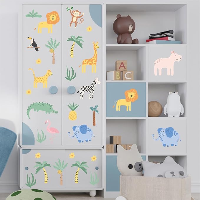 Animal Wall Decals Peel and Stick, 26 Pcs Jungle Safari Animal Decor for Boys Bedroom Nursery Computer Lockers Living Room