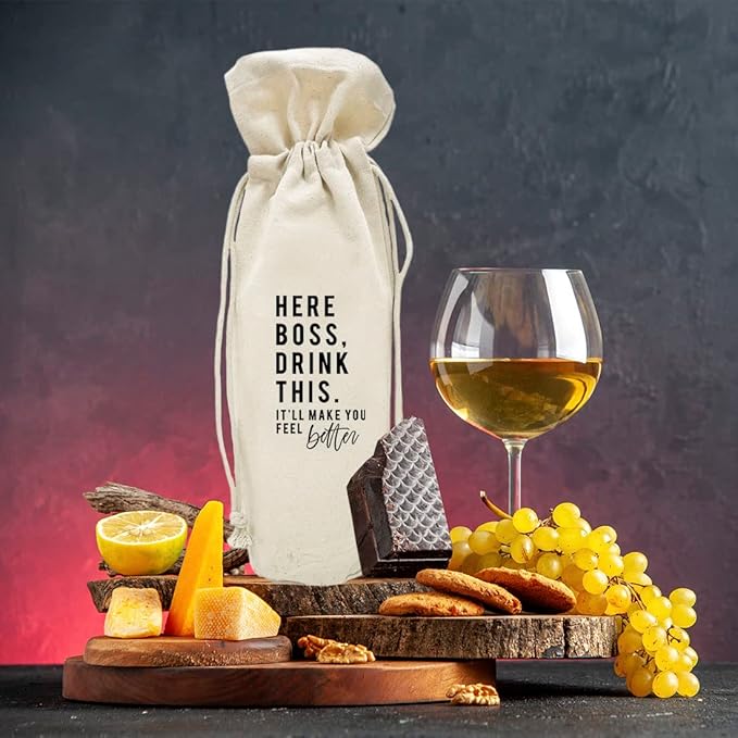 Andaz Press Retirement Wine Bag, Here Boss, Drink This Wine Bottle Cover, Funny Retirement Gifts Canvas Wine Bag Champagne Bottle Bag Wine Bottle Gifts, Retirement Gifts For Men, Women, Boss, 1-Pack