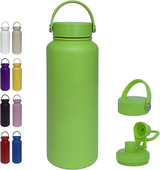 40oz Insulated Water Bottle ，Stainless Steel Sports Water Cup Flask with 2 Lids, Wide Mouth Travel Thermal Mug,Outdoor Sports Bottle（Lemon Green）