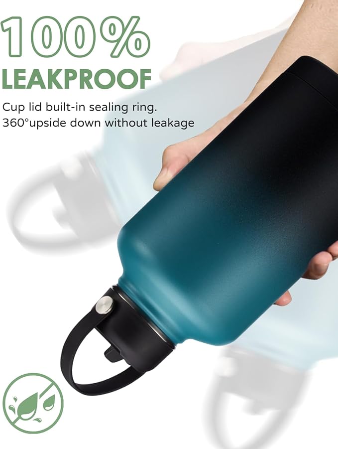 64 oz Insulated Water Bottle - Half Gallon Water Bottle Stainless Steel Flask, Keep Cold-48H & Hot-24H,1/2 Gallon Hydro Jug Sports Gym Water Bottle with Straw, Paracord Handle & Strap Carrier Pouch