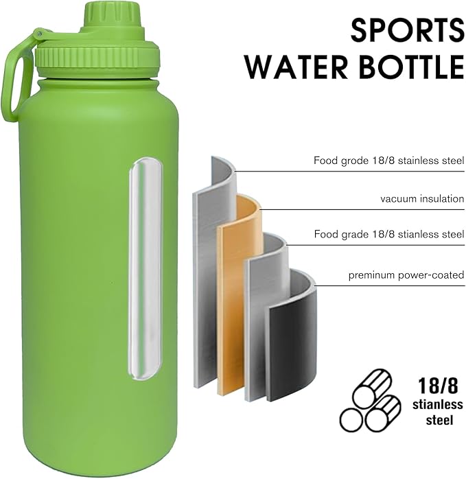 40oz Insulated Water Bottle ，Stainless Steel Sports Water Cup Flask with 2 Lids, Wide Mouth Travel Thermal Mug,Outdoor Sports Bottle（Lemon Green）