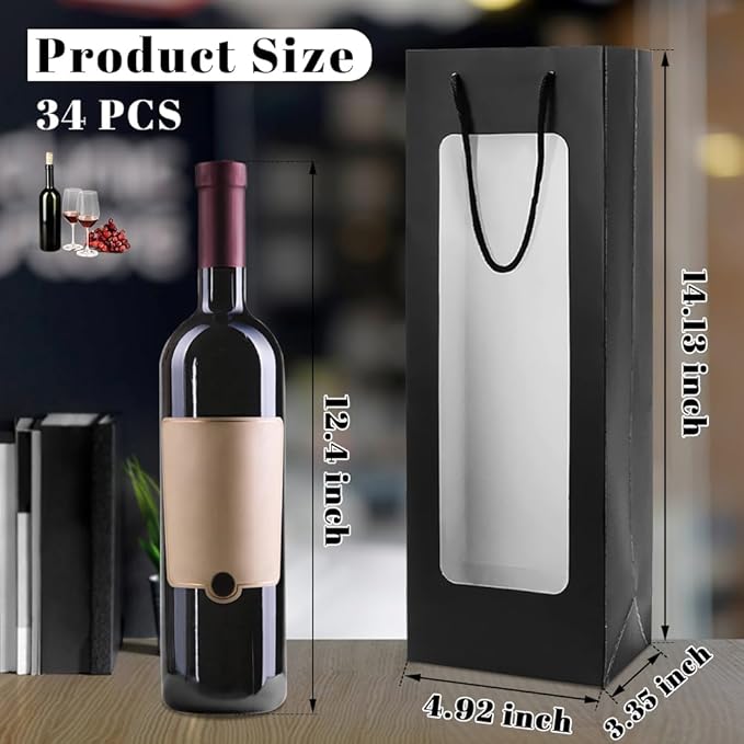 ALMOXVYE 34 Pack Wine Gift Bags with Handles, 14.2 x 4.9 x 3.4 Inch Paper Wine Bottle Bags with Clear Window, Black Wine Bags Bulk for Christmas Wedding Birthday Anniversary