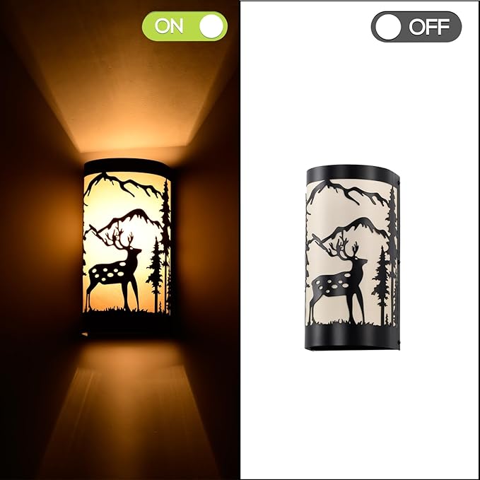 Black Wall Sconces Set of Two,Deer Metal Cream Parchment Rustic Wall Sconces,Farmhouse Indoor Wall Light Fixtures,Industrial Matte Sconce Light,Wall Lamps for Bedroom,Living Room,Hallway