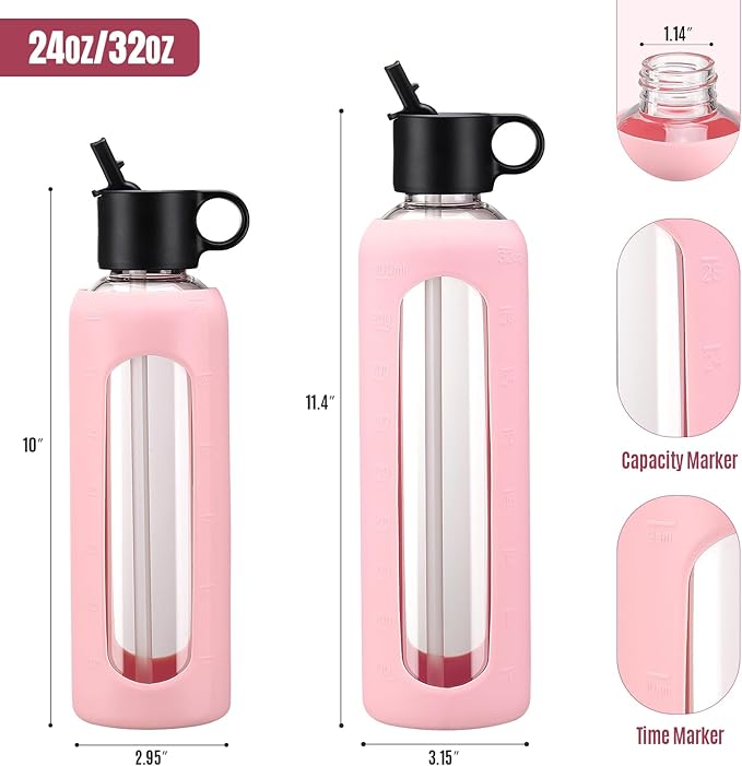 32oz Glass Water Bottle With 2 Lids-Flip Straw Lid, Bamboo Lid, Glass Water Bottle With Silicone Sleeve, Motivational Time Marker, Glass Juice Bottle for Cold Drink,Pink