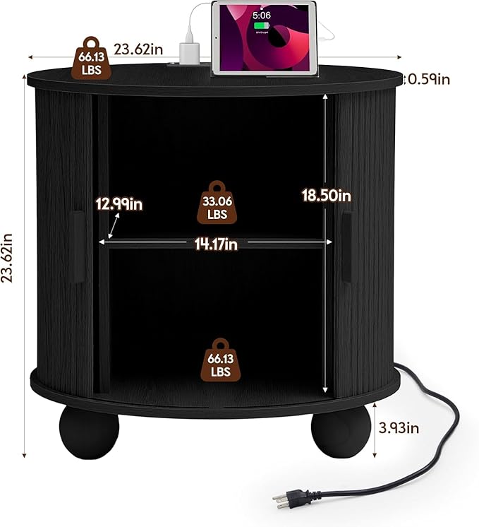 24" Large Fluted Round End Table with Charging Station, Farmhouse Cricle Sofa Side Table with Sliding Door and Storage, Rustic Curved Wood Nightstand for Living Room, Bedroom,Black