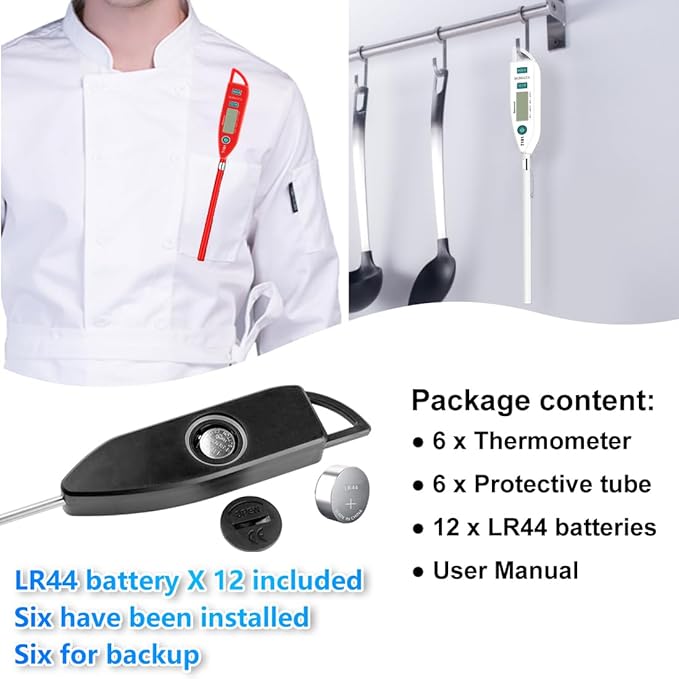 BOMATA 6 Pack Waterproof IPX7 Meat Thermometer Instant Read Food Thermometer with Long Probe for Water, Liquid, Kitchen Cooking, Grill,BBQ ! T101 X 6 Pcs (Black & Red & White)…