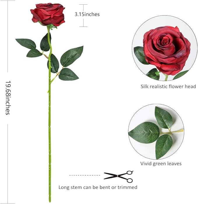 Burgundy Fake Roses Artificial Flowers - 16 Pcs Fake Artificial Roses Silk Flowers with Stems for Home Wedding Hotel Office Centerpiece Decor（Burgundy）