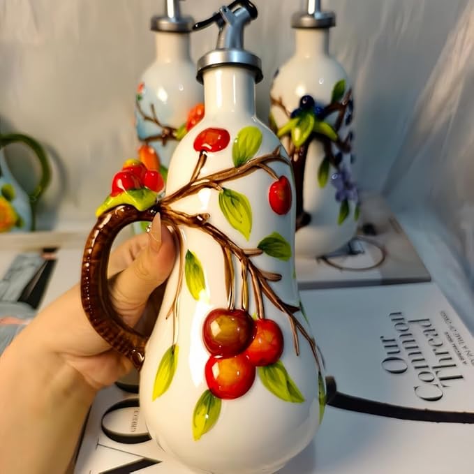 18.26oz/540ml Ceramics Olive Oil Dispenser Bottle,Hand Painted Reliefs Oil Dispenser for Kitchen,Oil Bottles for Kitchen (Cherry)