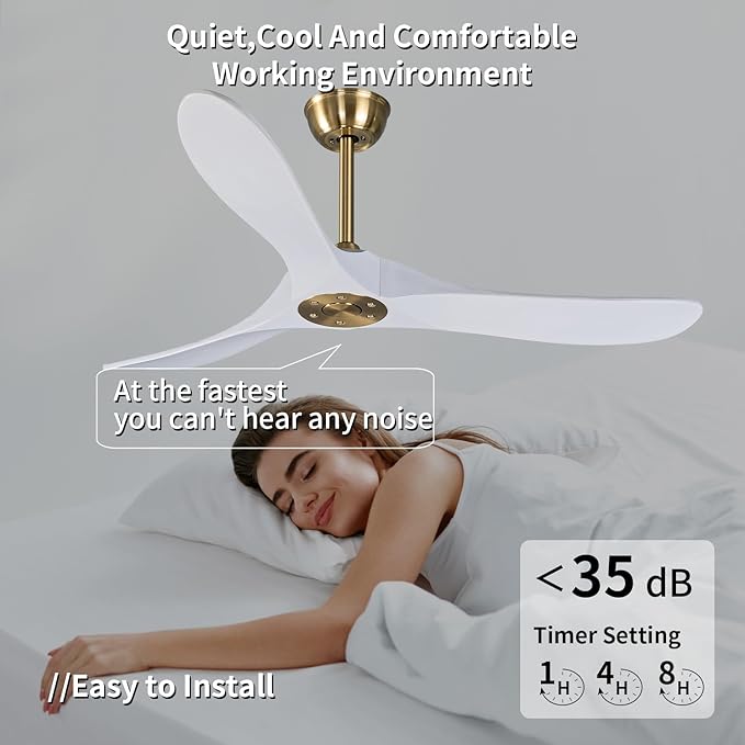 Bigzone 52" Outdoor/Indoor Ceiling Fan With Remote Control, DC Motor Quiet Energy Saving,3 White Balsa Wood Blades,Wooden Ceiling Fan no light With Reversible Blades