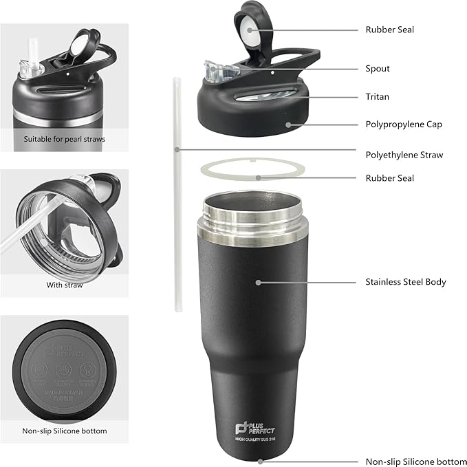 41 OZ 316 Stainless Steel Vacuum Insulated Travel Mug With Leak Proof Flip For Both Straw & Spout, Double Walled Seamless to Keep Hot And Cold, Sliver