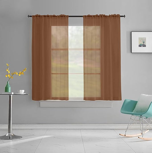Brown Sheer Curtains 45 Inch Length 2 Panels for Small Windows Rod Pocket Sheer Voile Curtains Light Filtering Brown Sheer Drapes for Kitchen,Living,Bedroom 45 Inches Long