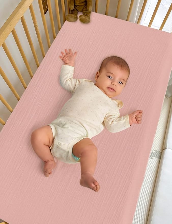 28" x 52" Fitted Crib Sheet for Girl, Pink Muslin Baby Crib Sheets for Standard Crib Mattress, Soft and Breathable Neutral Cotton Crib Sheets (46C-01)