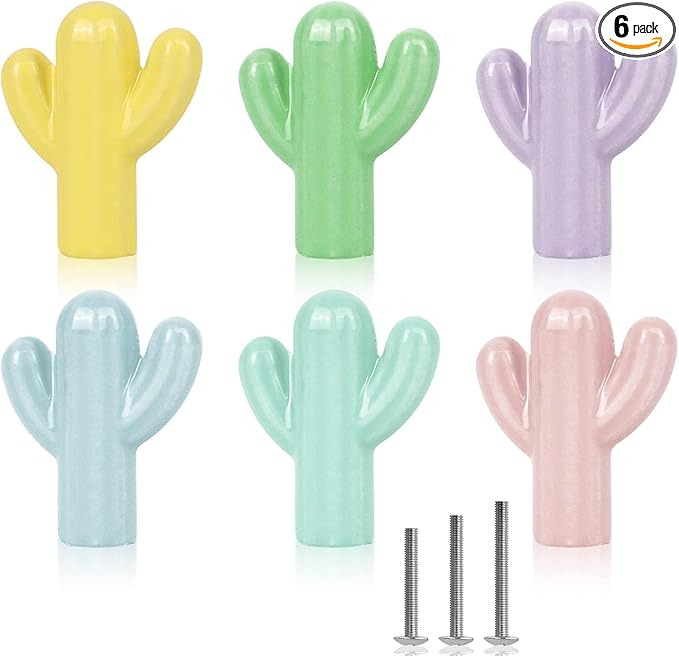 6X Colorful Cute Glossy Ceramic Knobs Cactus-Shape Lovely Door Pull Knob Cabinet Closet Ceramic Drawer Cupboard Kitchen Dresser Kids Child Bedroom Pulls Wardrobe Handles