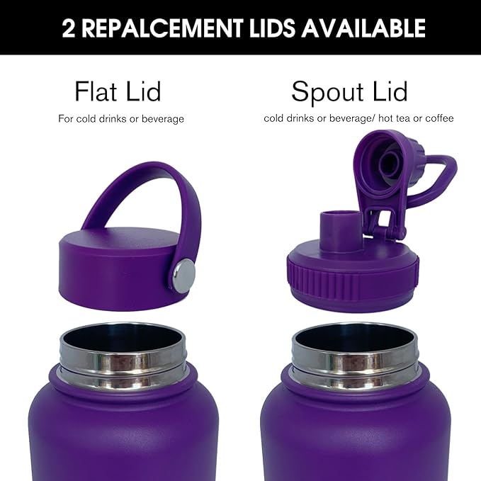 40oz Insulated Water Bottle ，Stainless Steel Sports Water Cup Flask with 2 Lids, Wide Mouth Travel Thermal Mug,Outdoor Sports Bottle（Purple）