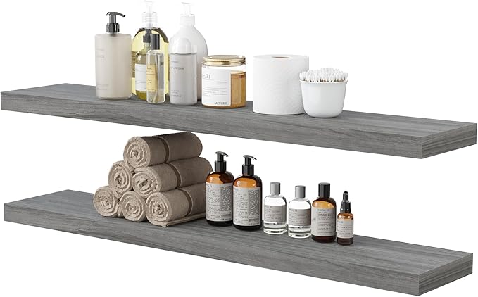 BAMEOS Floating Shelves, Walnut Wall Mounted Wooden Shelves with Invisible Brackets Set of 2, Hanging Wall Shelves Decoration for Bedroom, Bathroom, Living Room and Kitchen