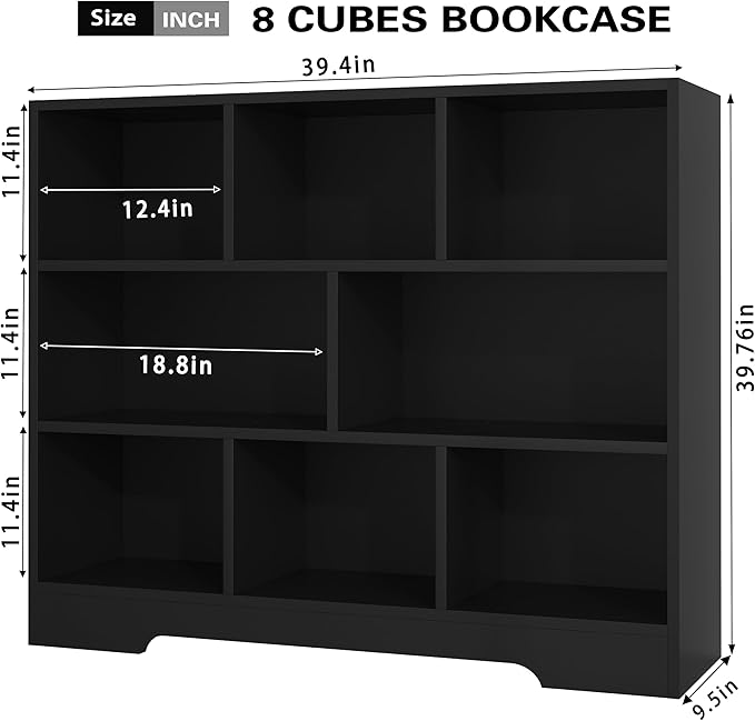Book Shelf, 8 Cubes Storage Organizer, 3-Tier Open Shelf Wooden Bookcase, Freestanding Black Bookshelf Cube Shelf for Bedroom, Living Room, Home Office