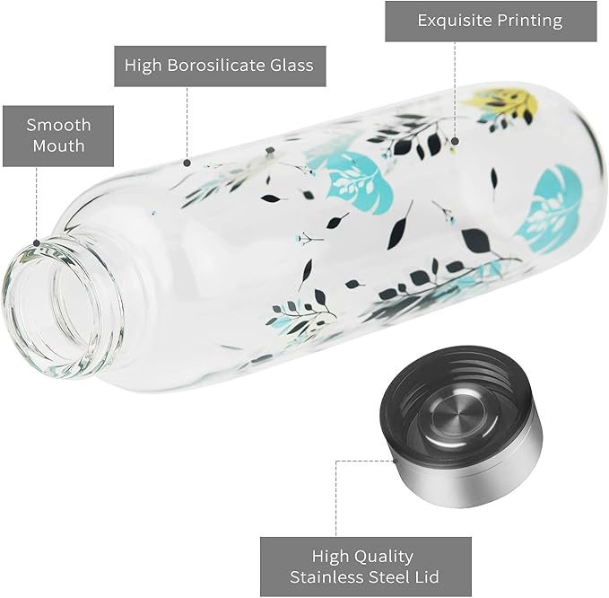 Borosilicate Glass Water Bottle, Sports Glass Drinking Bottle with Neoprene Sleeve and Stainless Steel Lid 16oz / 32oz