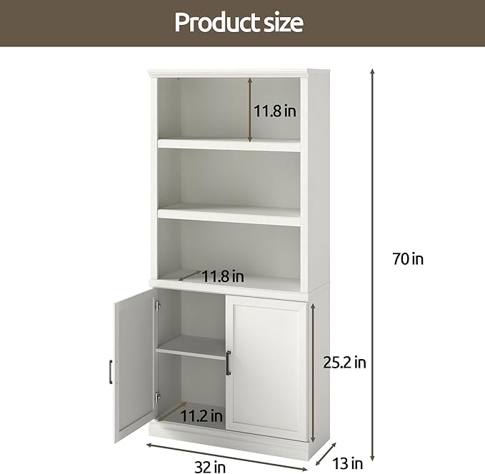 70 Inch Tall Bookcase with Doors, Library Office Bookshelf with Adjustable Shelves, Floor Standing Storage Cabinet for Bedroom Living Room Organizer with Anti Tipping Kit, Soft White Finish