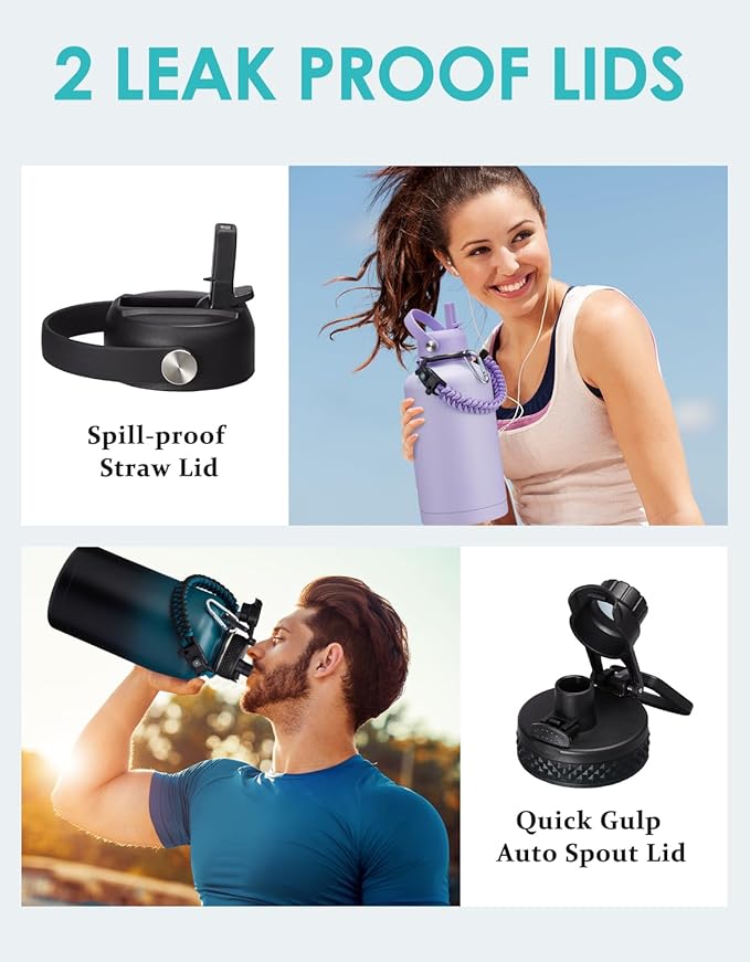 64 oz Insulated Water Bottle with Straw & Auto Spout Lids, Paracord Handle, Half Gallon Waterbottle Strap Carrier & Protective Boot, Wide Mouth Metal Canteen Thermo Mug, Leak-proof Sports Hydro Jug