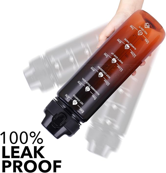 32oz Motivational Water Bottles with Time Marker & Fruit Strainer, Transparent Gradient Color Water Bottle with Times to Drink, Leakproof & BPA Free, Reusable Bottle with Strap (No Straw)