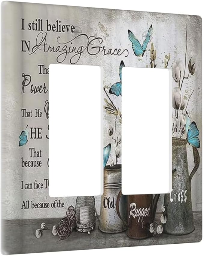 Blue Butterfly Rustic Flower Inspirational Quotes 2 Gang Rocker Decora Light Switch Covers Dual Outlet Covers Wall Plate Decorative Switchplate Electrical Faceplate GFCI for Country Bedroom Decor