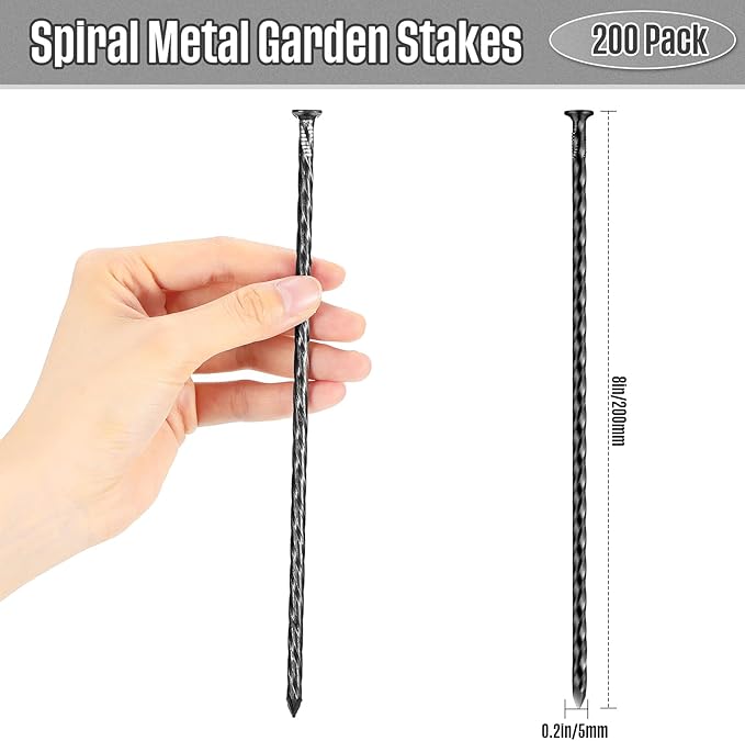 200 Pcs Metal Nails 8 Inch Artificial Spikes Galvanized Spiral Landscape Stakes Edging Spikes Garden Stakes for Fake Landscaping Grass Ground Lawn(Black)