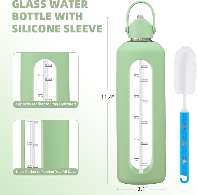 32 oz Glass Water Bottles with Straw Borosilicate Glass Water Bottle with Time Marker Motivational Water Bottles with Silicone Sleeve Leak Proof Reusable BPA Free
