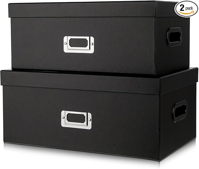 Briful Decorative Storage Boxes with Lids Set of 2 – 14'' + 13'' Set Rectangular Nesting Boxes – Cardboard Organizer with Lift-Top Lid – Black Wood for Home & Office