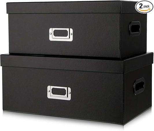 Briful Decorative Storage Boxes with Lids Set of 2 – 14'' + 13'' Set Rectangular Nesting Boxes – Cardboard Organizer with Lift-Top Lid – Black Wood for Home & Office