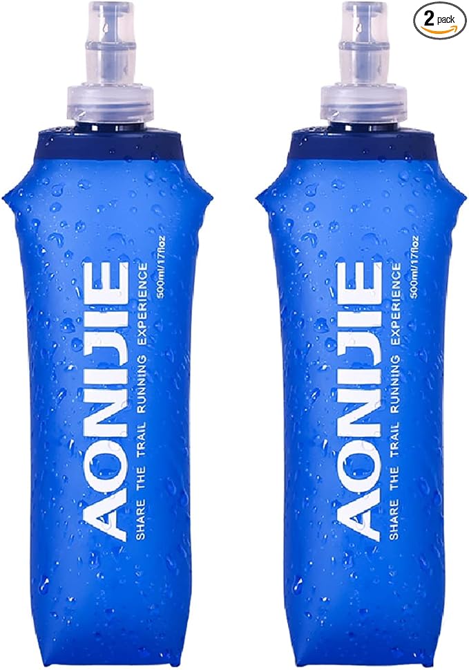 Azarxis Soft Flask Collapsible Water Bottle Running Soft Gel Flask Reservoir Handheld Folding TPU 250 500ml for Hydration Pack Hiking Cycling Climbing (500ml/16.9oz - 2 Pack)