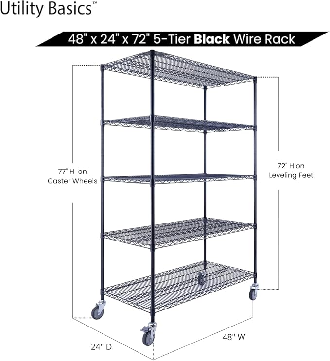48"x24"x72" Black 5-Tier Premium Wire Shelving NSF 4000 LBS MAX Capacity Heavy Duty Steel Storage Rack for Warehouses, Garages, Hospitals, Commercial Spaces, & Schools w/Premium Wheels