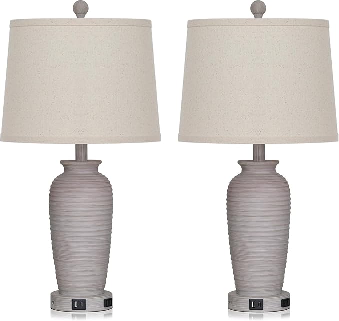 25“ Traditional Table Lamps Set of 2, Bedside Touch Lamp with USB C+A Charging Ports, Rustic Farmhouse Jar Table Lamps for Living Room Bedroom, Side Table Lamp with Beige Fabric Shade, Antique Grey